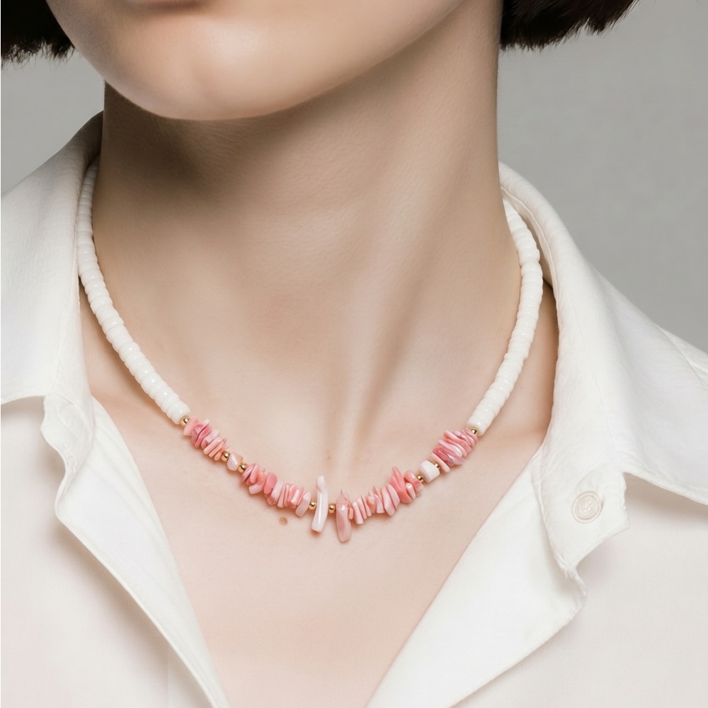 Pink Coral Shell Bead Choker Necklace Women Jewelry 16”